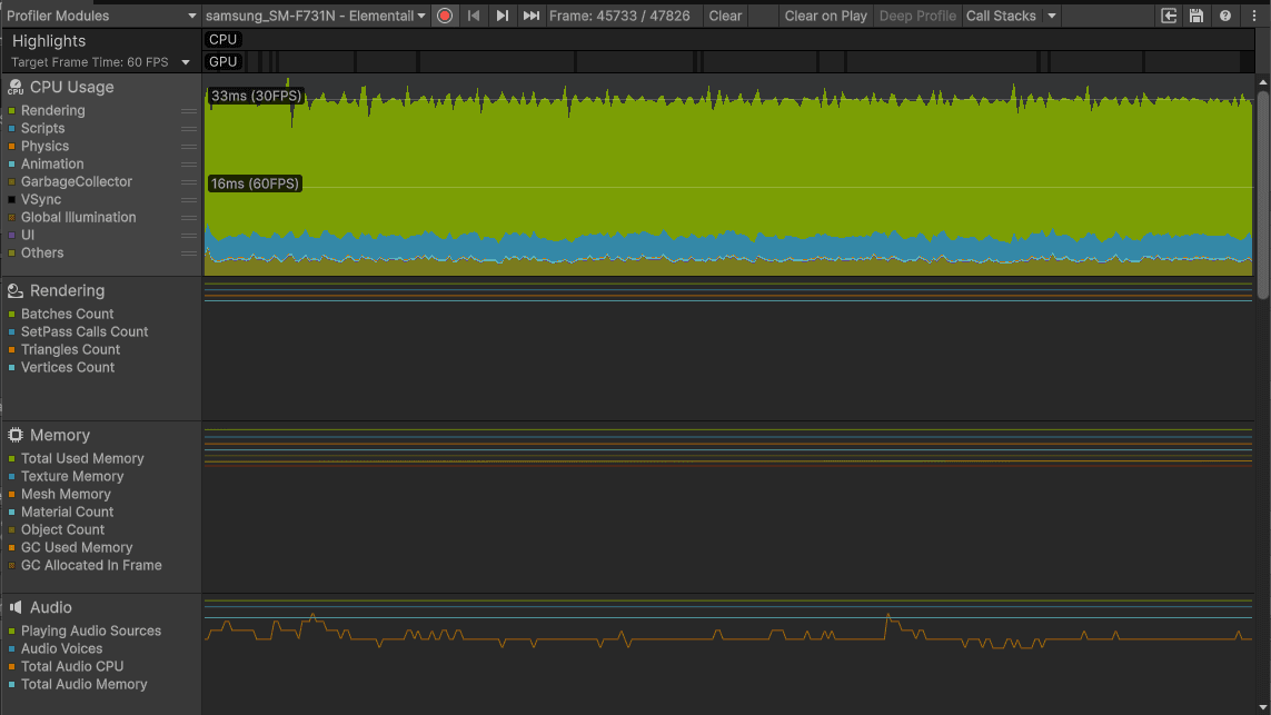 ELEMENTAIL을 삼성 SM-F731N 기기에서 측정한 Unity Profiler