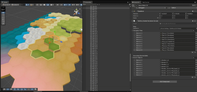 Unity 에디터 — 점령 타일 목록(Occupied Tiles)에서 자동 생성된 경계 메시(Border Objects)